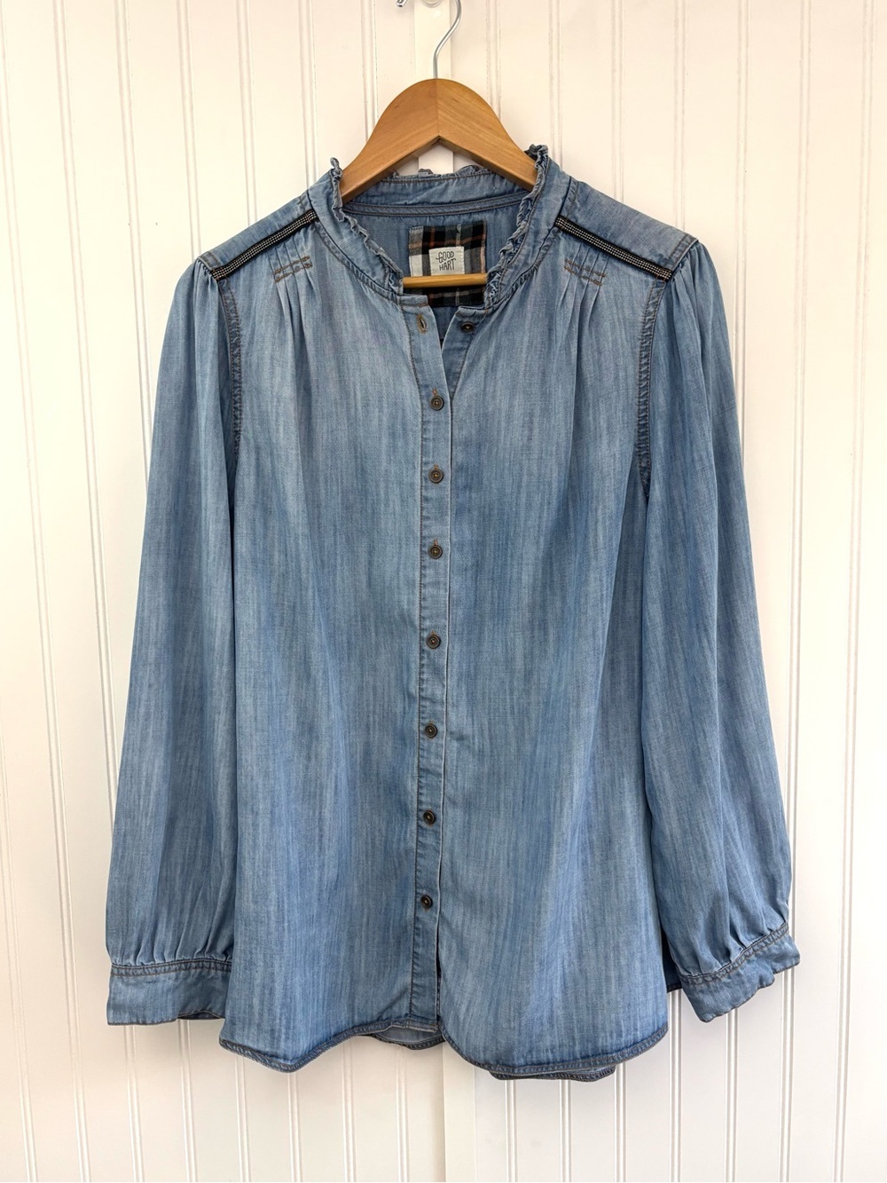 Good Hart by Matilda Jane Chambray Ruffle Button down Blouse XL Western Boho Top